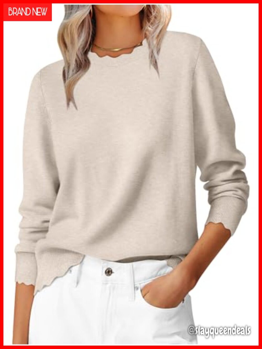 ANRABESS Lightweight Knit Pullover Sweater Scallop Edge Blouson Sleeve